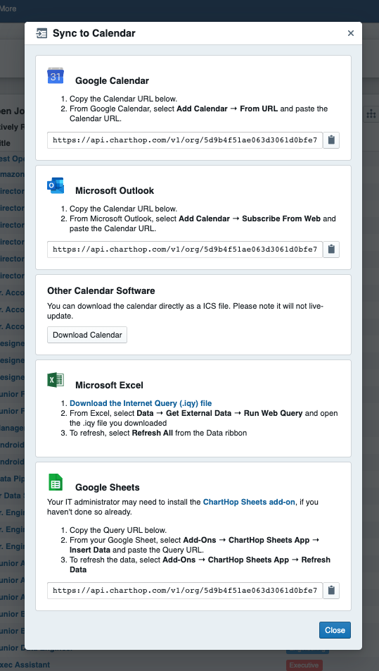 ChartHop syncs with multiple calendars